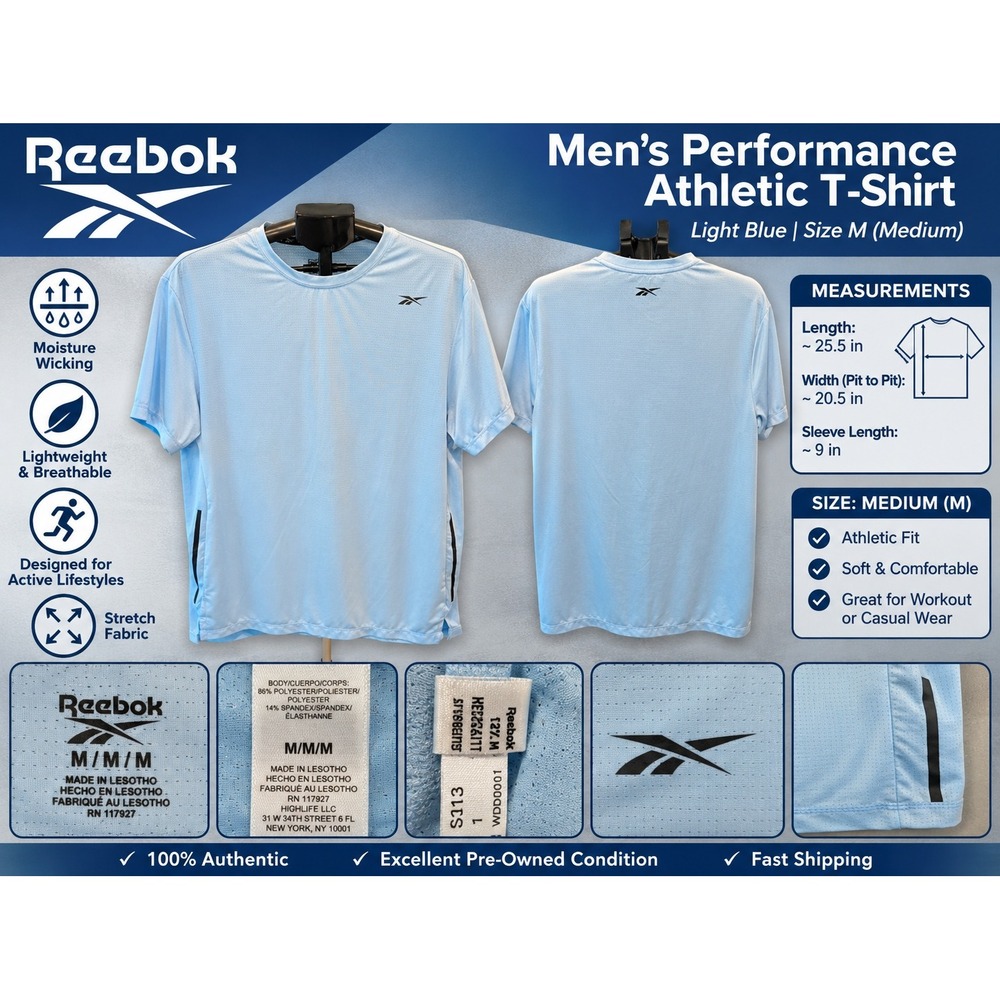 Reebok Mens Light Blue Perforated Mesh Performance T-Shirt Size M REM241TS010101